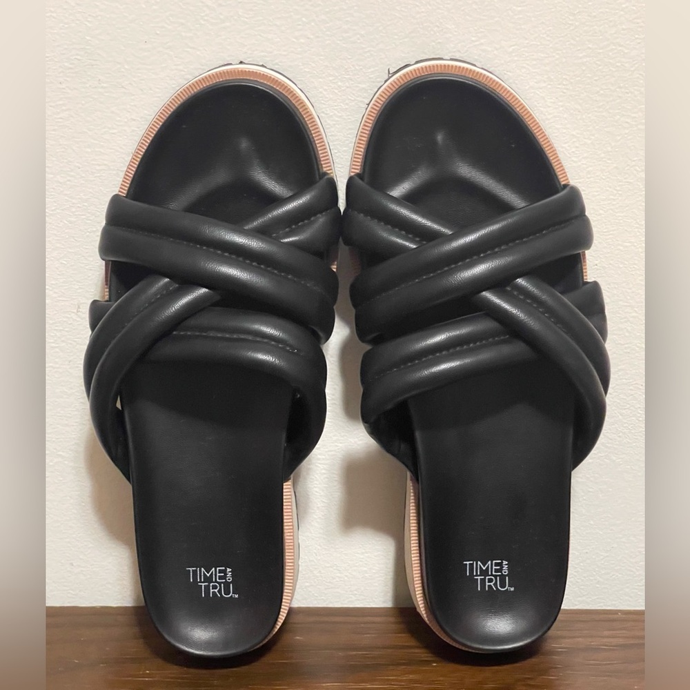 Time and Tru Black Slide Sandals with Criss-Cross Design
